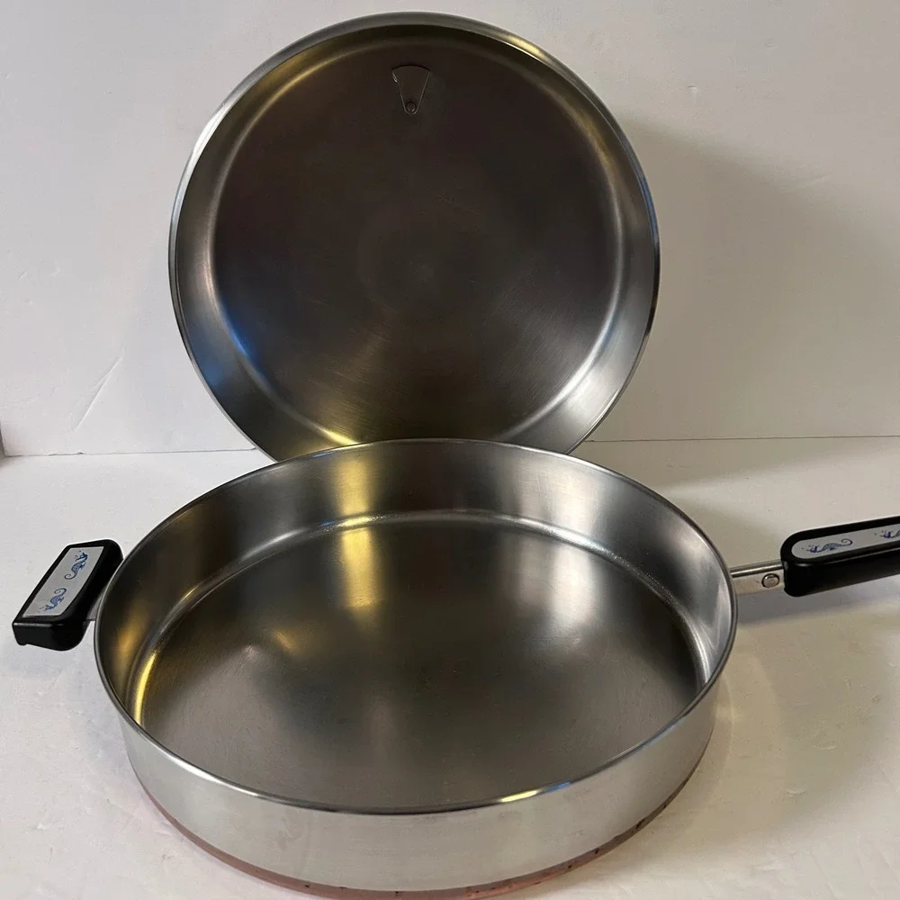 Vintage Revere Ware Copper Clad Skillet with High Dome Lid Blue Seahorse Handle
